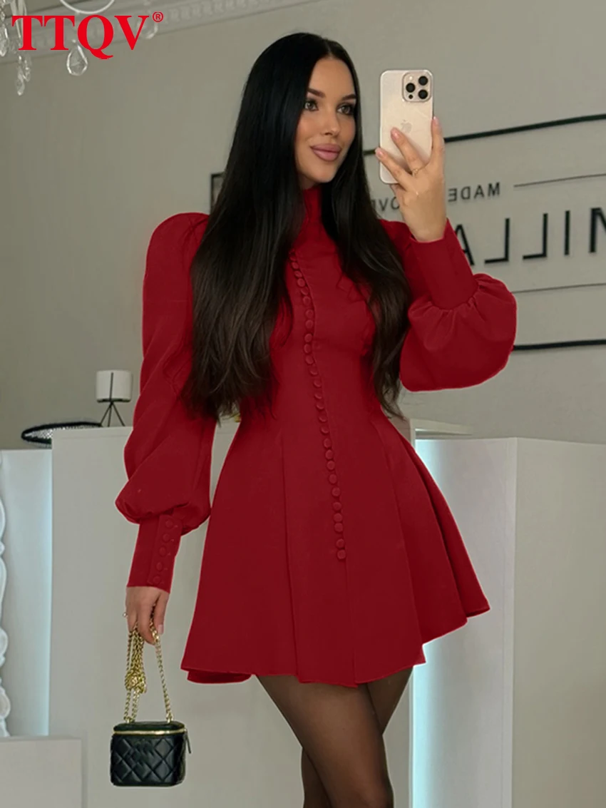 

TTQV Fashion Slim Red Womens Dresses 2026 Spring Turtleneck Lantern Sleeve Mini Dresses Elegant Classic Pleated Female Dress