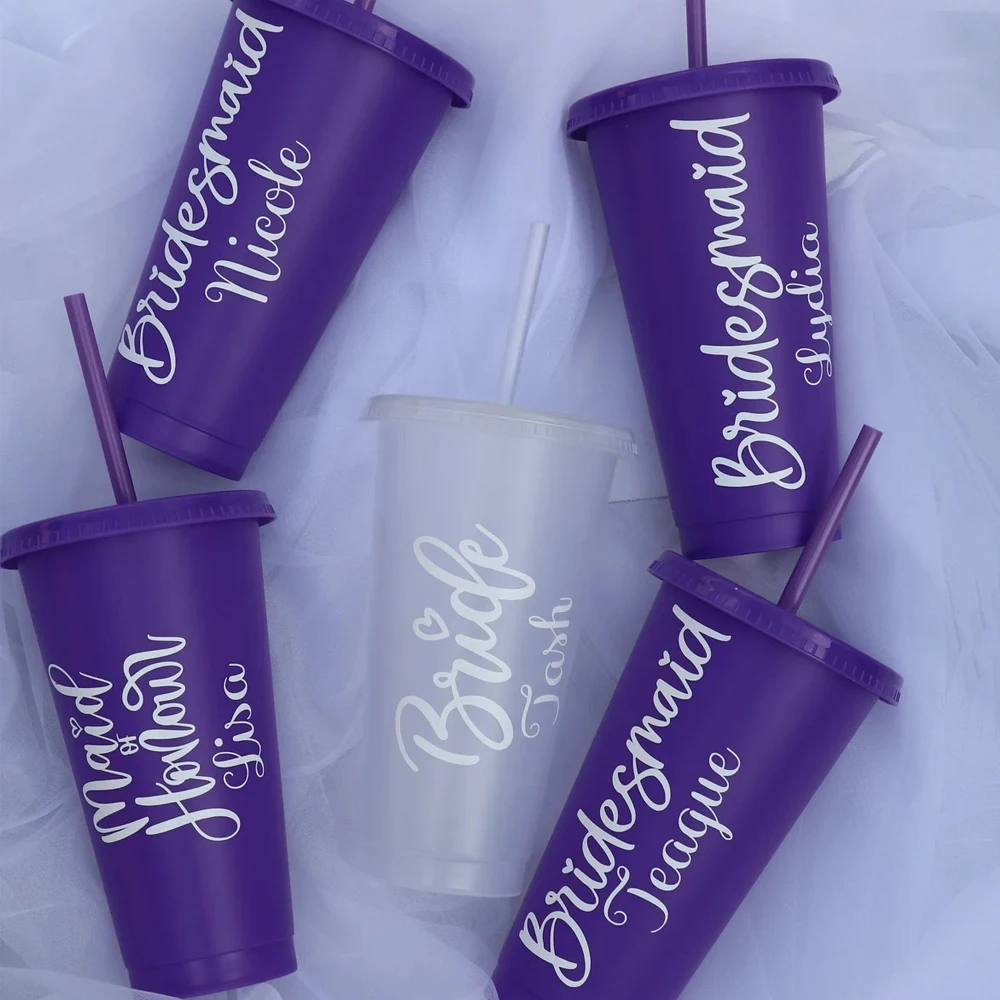 

Personalised Iced Coffee Cups With Lids For hen dos Bridesmaids Birthdays Party Cold Plastic Cups Tumbler with Lids and Straws