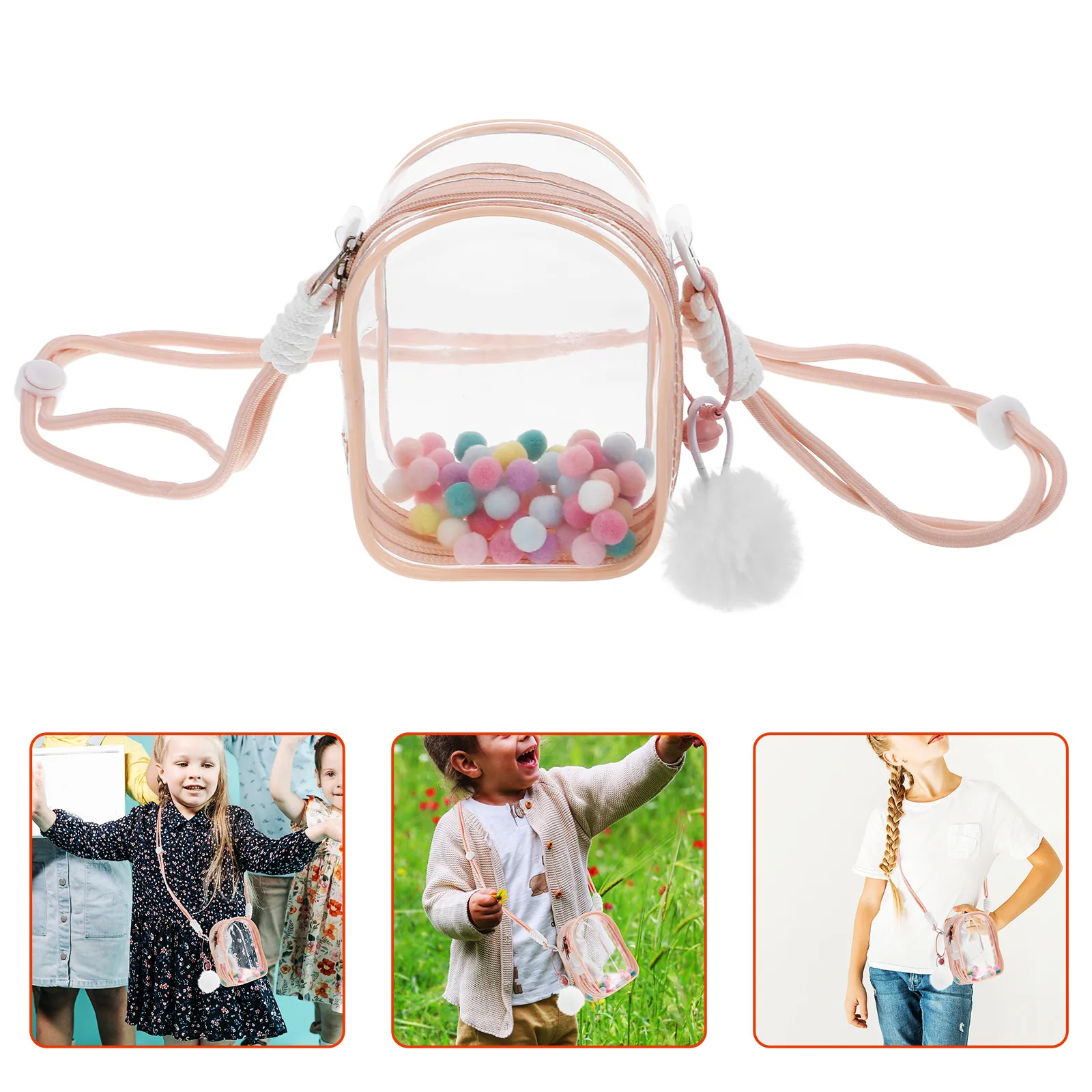 

Clear Transparent Display Bag for Mini Figures Single Unit Portable Hanging Organizer with Pom Poms Fashionable Lightweight