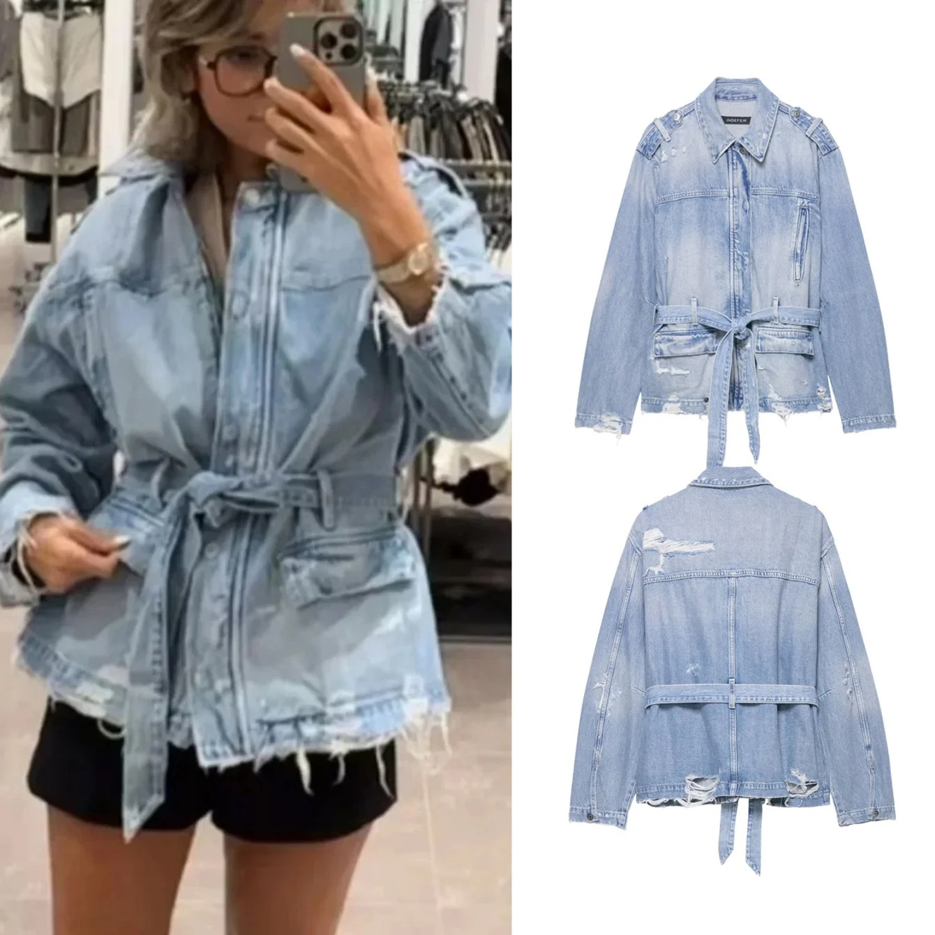 Woman Fashion Denim Jacket Turn-Down Collar Zipper Female Autumn Long Sleeves With Pockets Belted Causal Jackets Clothing