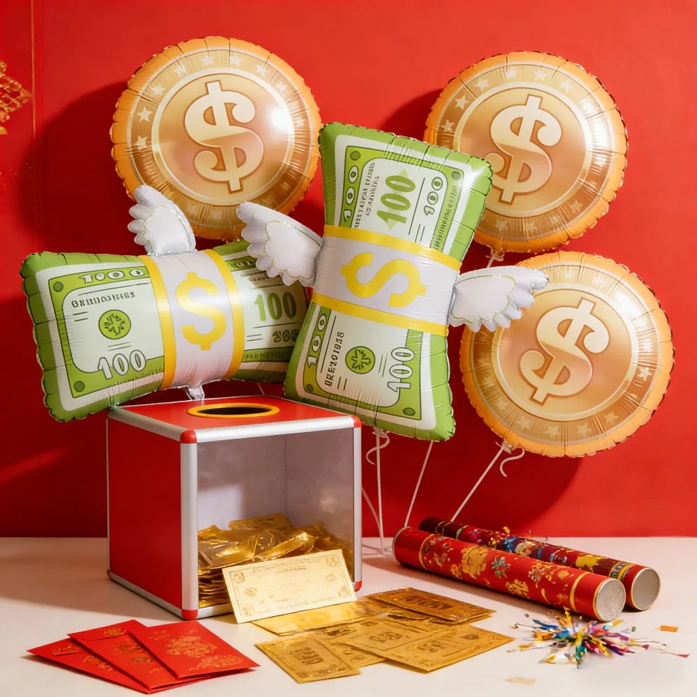 5 Stück Geld-Folienballons 100-Dollar-Rollen und Goldene Dollar-Zeichen-Ballons Geburtstagsparty-Dekorationen Festival Foto-Requisiten