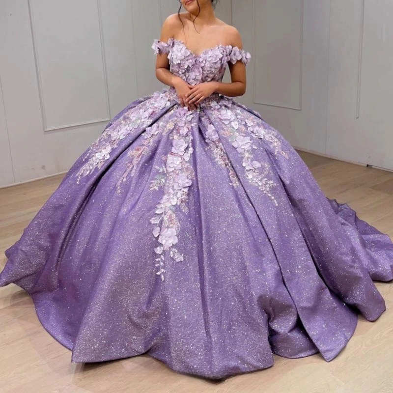 

Lavender Glitter Ball Gown Quinceanera Dresses Off The Shoulder Appliques Flower Crystal Beading Sweet 16 Dress Vestidos De 15