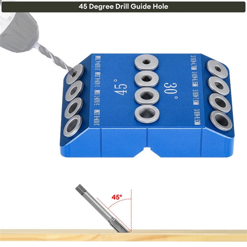1 sztuka 30 °/45 °/90 ° lokalizator dziurkowania niebieski ukośna dziura ze stopu aluminium do obróbki drewna pionowa płyta wiertarka