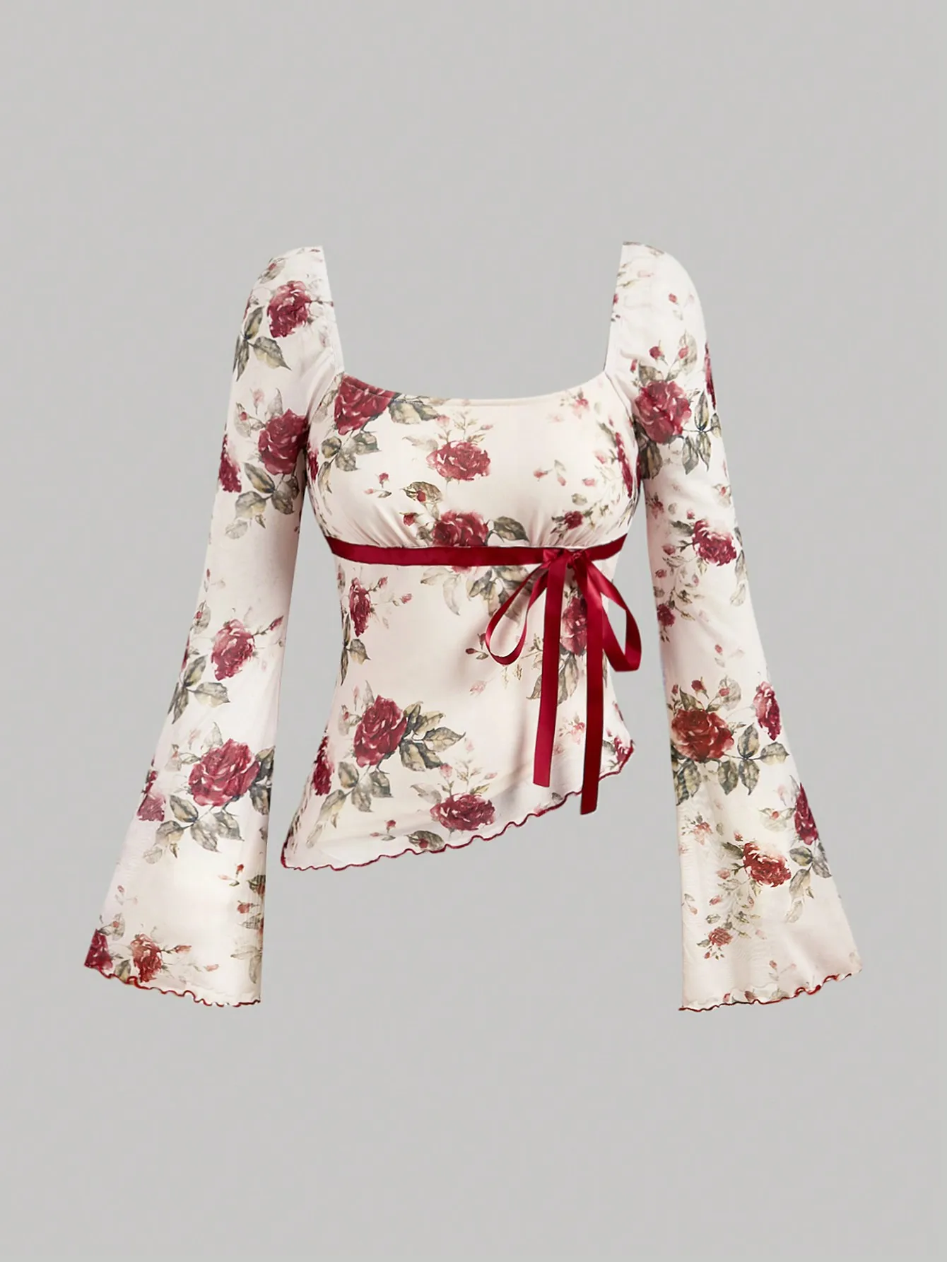 

Women's Floral Print Asymmetric Hem Top with Bell Sleeves and Red Ribbon Tie