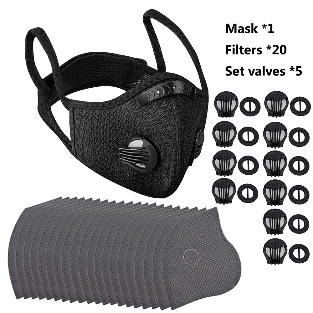 1 máscara 20 filtros máscara de ciclismo cara con carbón activado 5 válvulas de aire anticontaminación máscara deportiva lavable para adiestramiento al aire libre