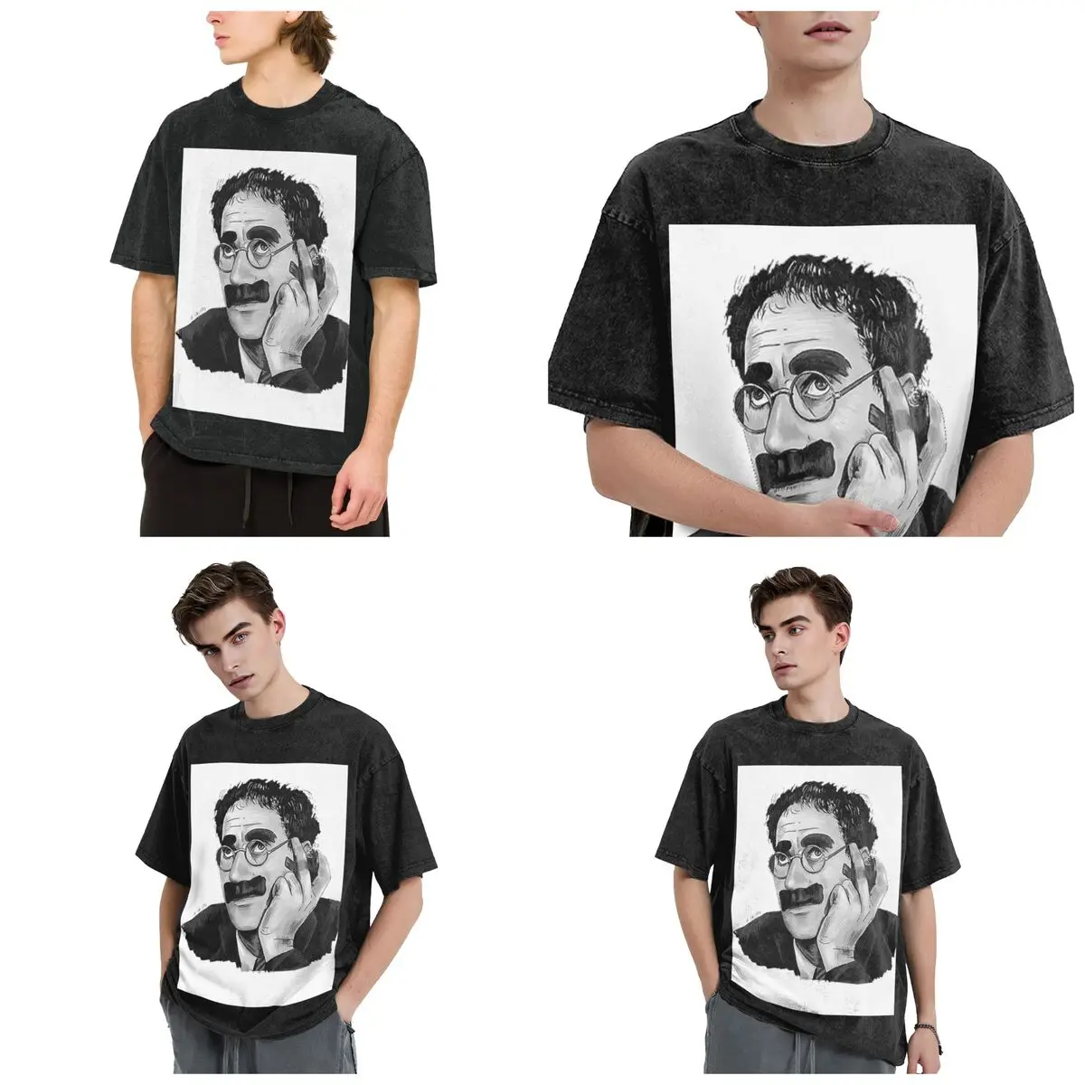 Groucho Marx Portrait Illustration By Burro Hip Hop Short Sleeve T-Shirts Washed Tops Tees Streetwear T Shirt Harajuku Men Women