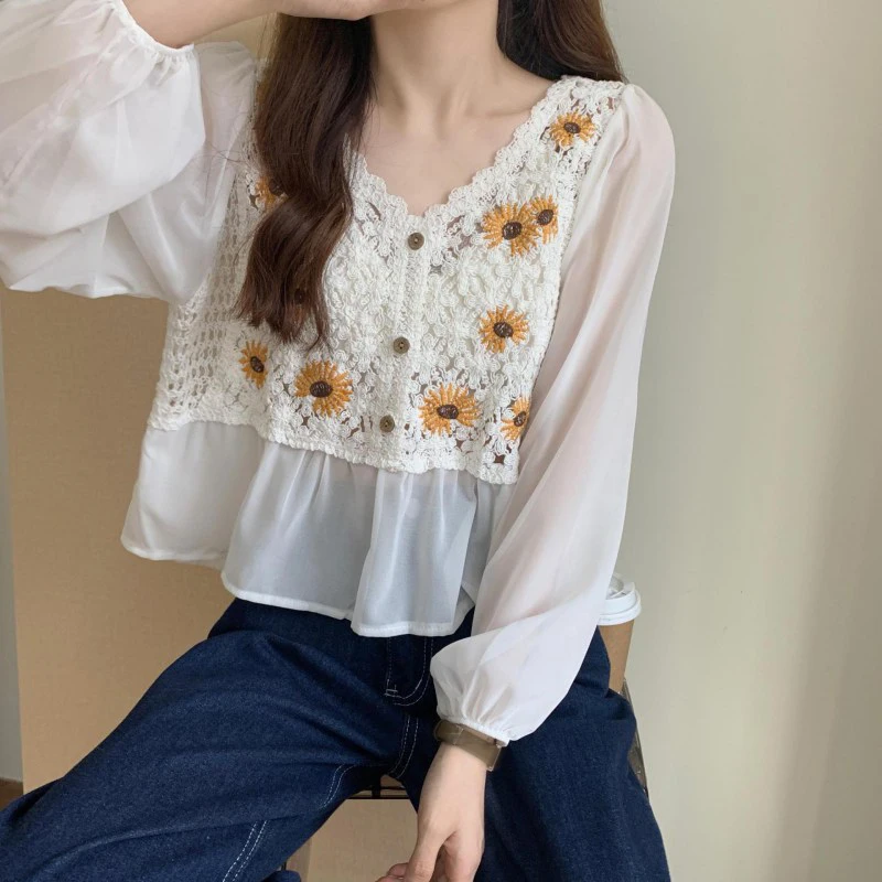 Puff Sleeve T-shirt Sweet Flower Embroidery Loose Fit Lazy Style Women\'s Top Sun Protection Breathable Comfort Leisure All-Match