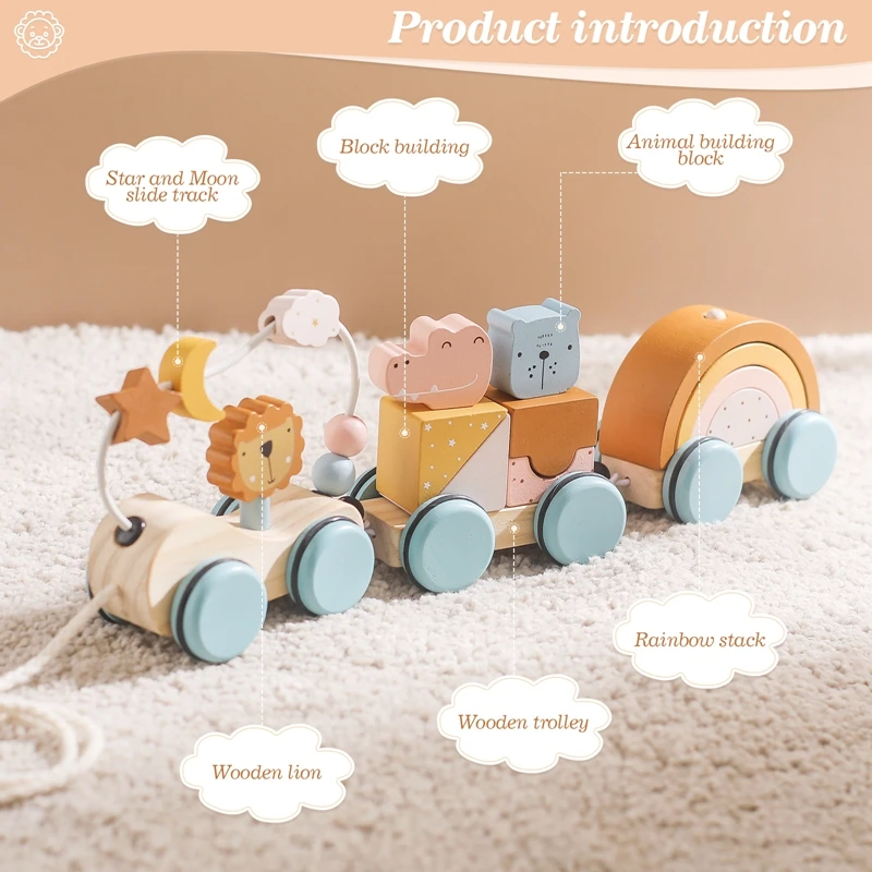 Jouets Montessori en bois pour bébés, train de nuit d'animaux, jouet empilable, pousser et côtes, chariot d'équilibre manuel, cadeaux