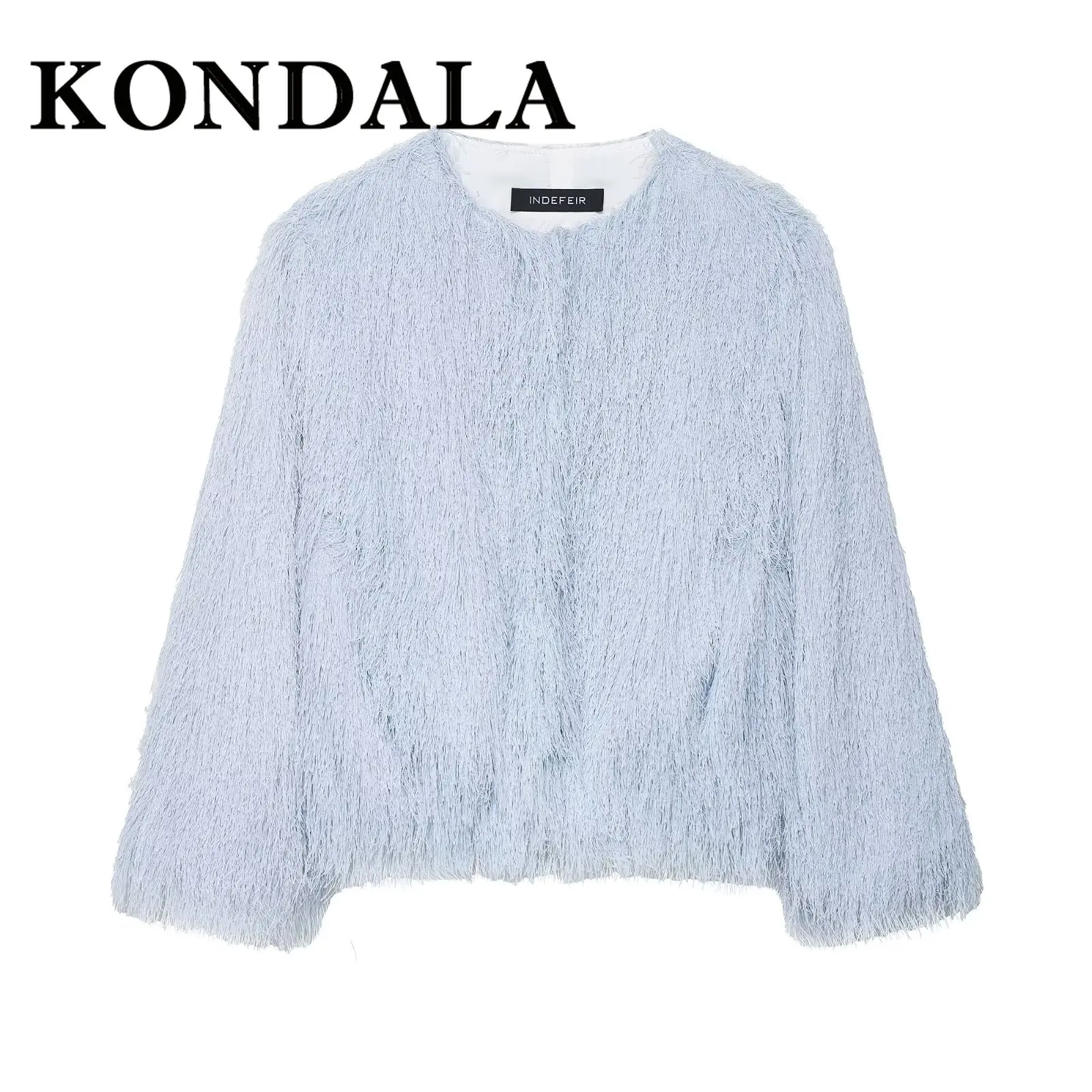 Kondala chique borla azul aniversário casaco curto moda 2025 vintage feminino elegante couro falso outwear noite festa outono y2k jaqueta