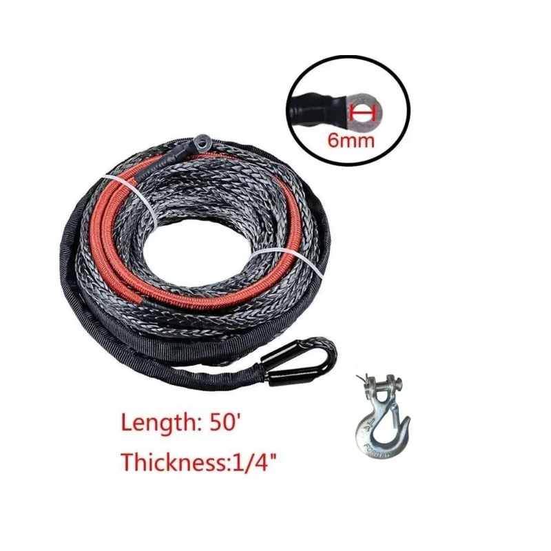 

50ft x 1/4"（15m*6mm) Synthetic Winch Rope with red Protective Sleeve And 1/4Hook For Jeep ATV UTV Boat Van Pickup Truck (Black)