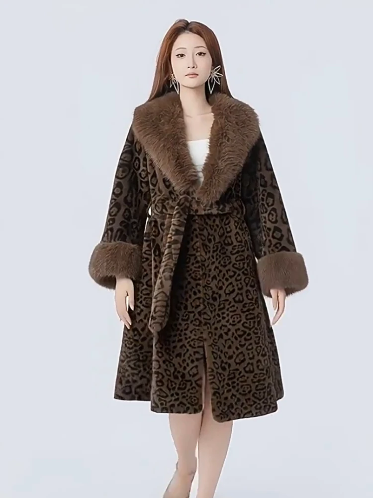 النمط الأمريكي أزياء فضفاضة سميكة الدافئة فو الفراء معاطف للنساء خمر ليوبارد أنيقة تنوعا معطف طويل جواكت شتوية #5