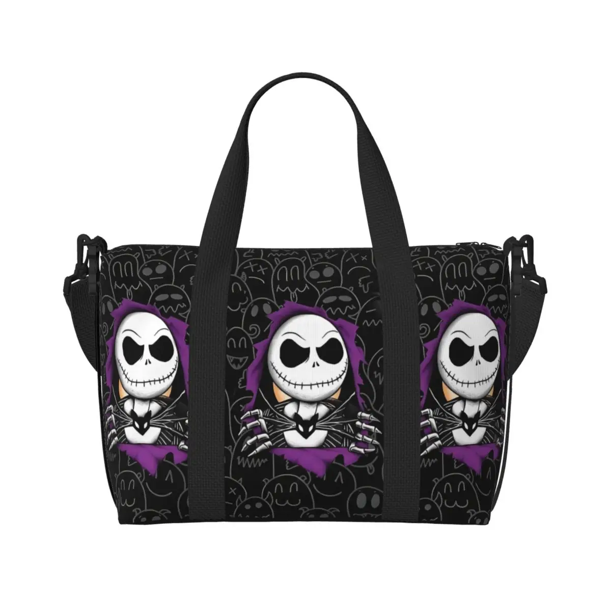 

Большая большая сумка Jack Skellington на заказ для женщин, сумка Jack Face для покупок, пляжная дорожная сумка для спортзала