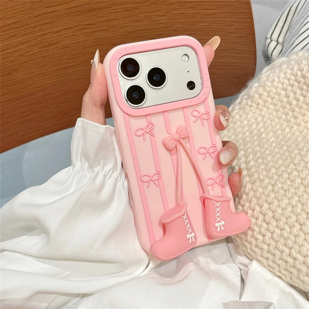 Balletcore Pink Shoe Charm Cute Bow Phone Case for 17 Pro Max Pendant Soft Silicone Protective Cover for iPhone 16 15 14 13