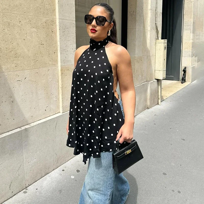 

Fashion Polka Dot Halter Top Hot Girl Backless Casual Club Party T shirt Loose Sleeveless Pullovers Summer Streetwear