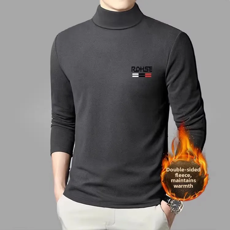 Warm Fleece Lined Men's Thermal Underwear Long Sleeve Half High Collar T-Shirt Comfortable Breathable Casual Style Printed Tees