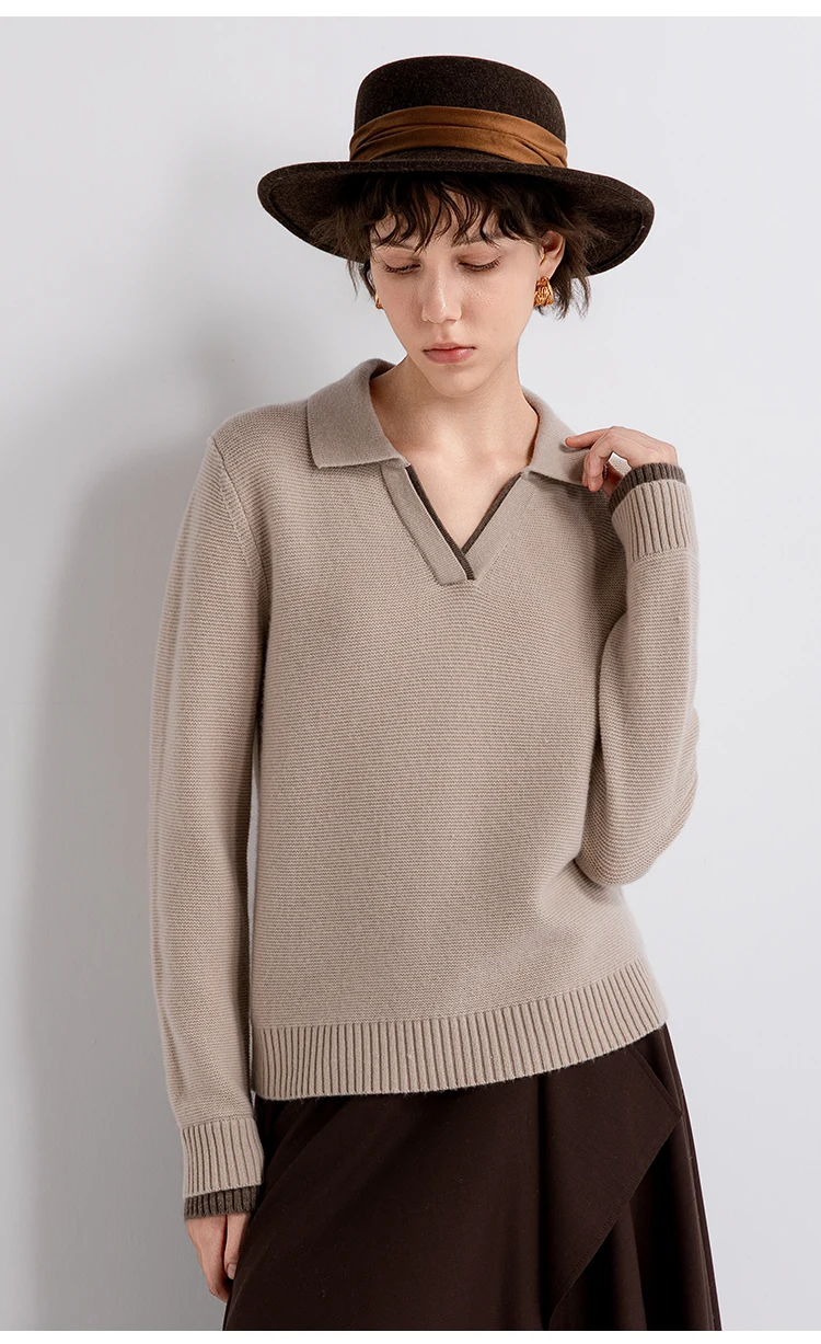 TX862182 Damen-Pullover mit Polokragen und offenem V-Ausschnitt aus Wolle-Kaschmir-Mischung, entspannte Passform, dezenter Luxus für den frühen Herbst. – Detail 9