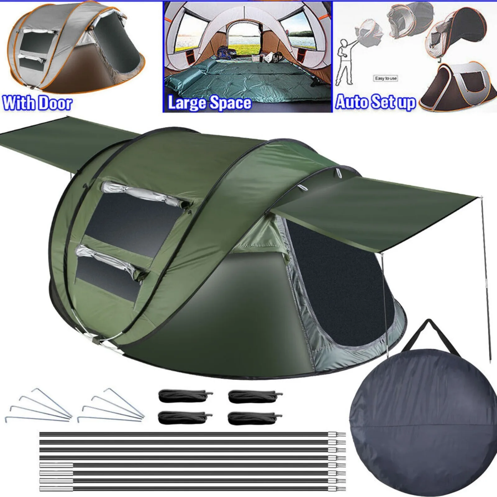 US 5-8 person camping hiking tent waterproof automatic instant pop-up tent and 4-pole -