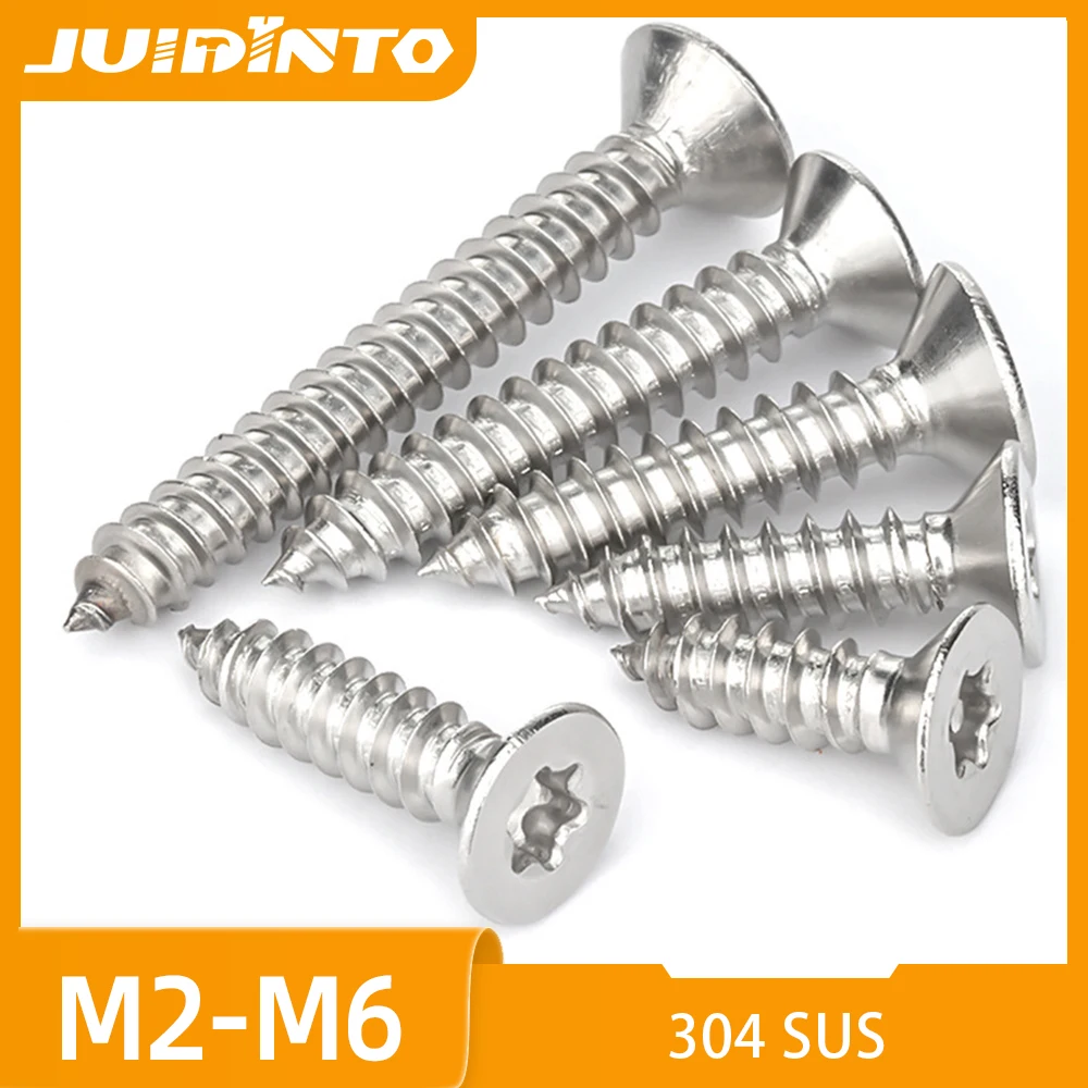 JUIDINTO 5-50pcs 304 Stainless Steel Torx Flat Head Self Tapping Screw M2 M2.3 M2.6 M3 M3.5 M4 M5 M6 Star Drive CSK Wood Screw