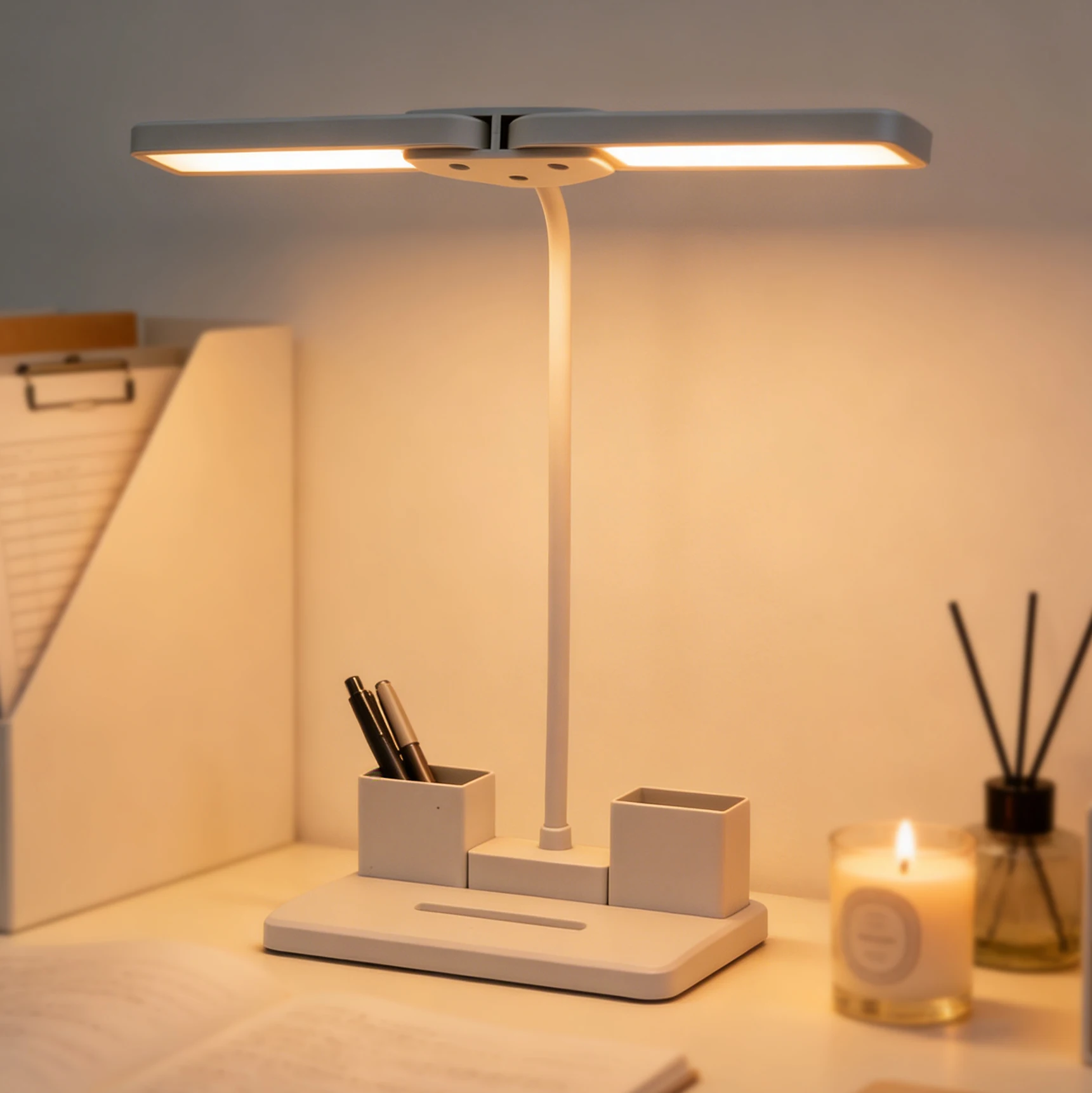 Dual-Head LED Desk Lamp, Pen Holder Organizer Eye-Caring Study Light for Office, Home, School