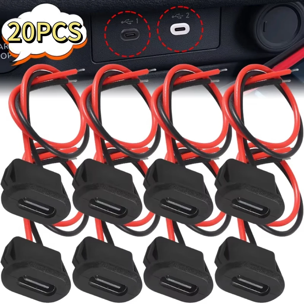 Waterproof USB Type C Female Socket, 2-Pin 3A Fast Charging Port, Direct Crimp Mount for Cable Repair & DIY Extension