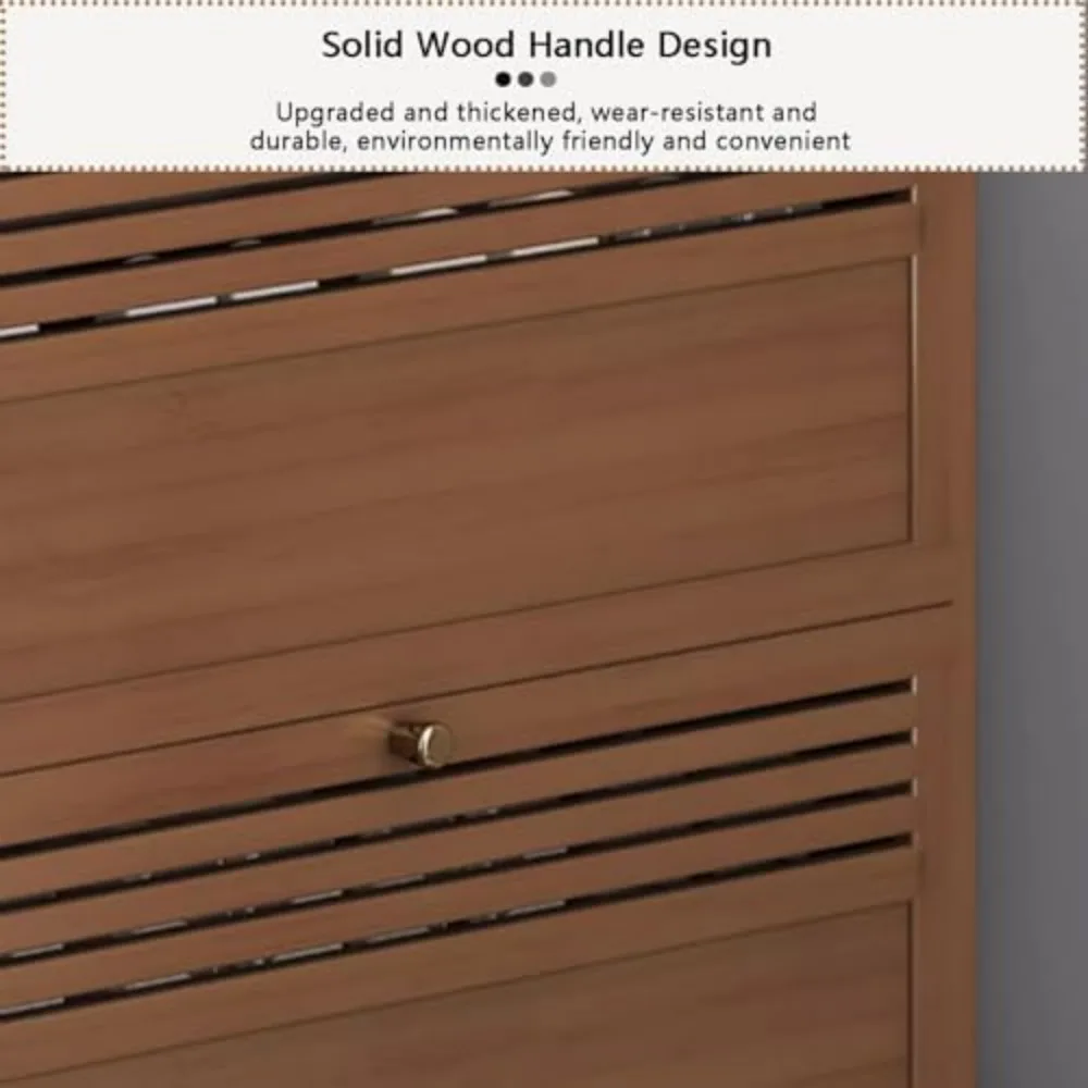 خزانة أحذية ذات درج قابل للطي للمدخل، منظم أحذية من الخيزران مع مساحة تخزين مخفية، خزانة أحذية بثلاثة أدراج للباب المنزلق #6