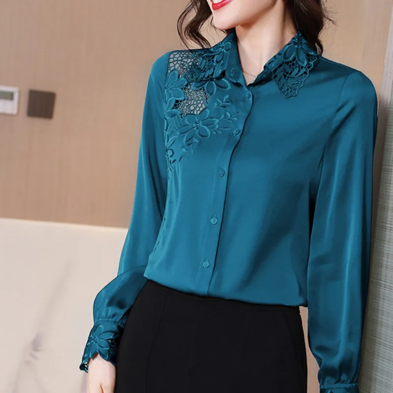 #2551 Black Blue Red Satin Shirt Women Embroidery Flower Hollow Out Office Shirt Long Sleeve Korean Style Vintage Shirt Female