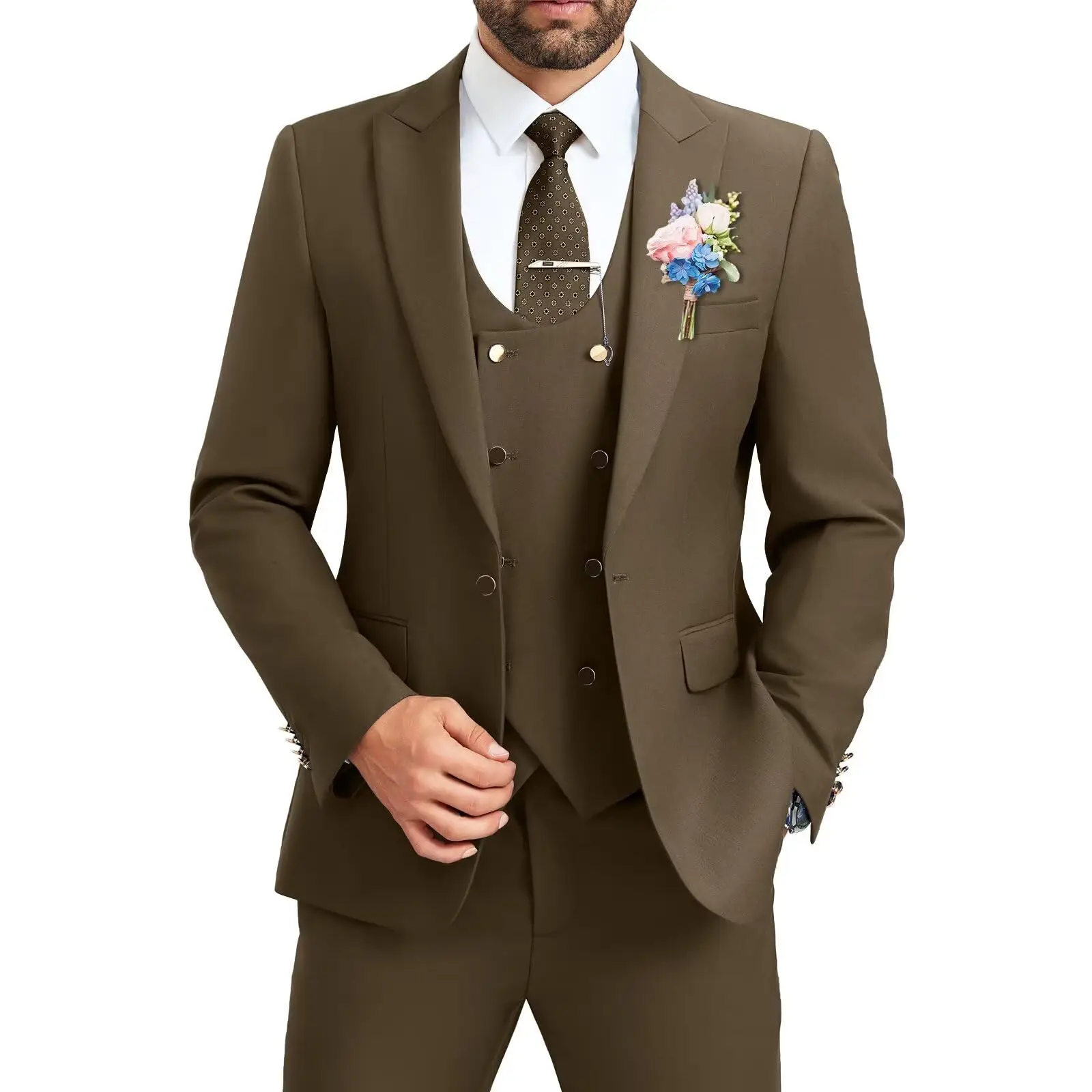 

Brown Men's Suits Slim Fit Blazer Vest Pants 3 Pieces SetsLuxury Wedding Tuxedos Fashion Foraml Business Men's Tuxedos