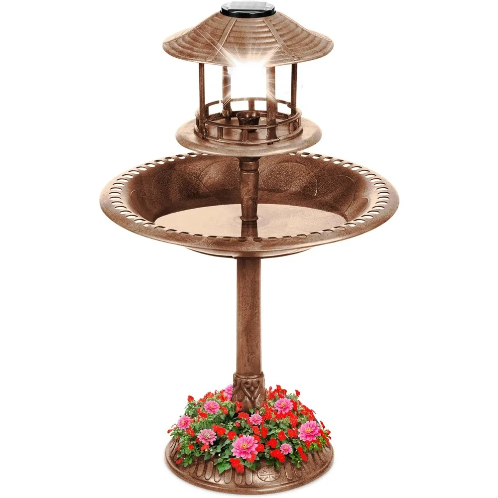 Outdoor Bird Bath Vintage Resin Pedestal Fountain Decoration for Yard, Garden w/Planter Base, Feeder, Decorative Bird Cage