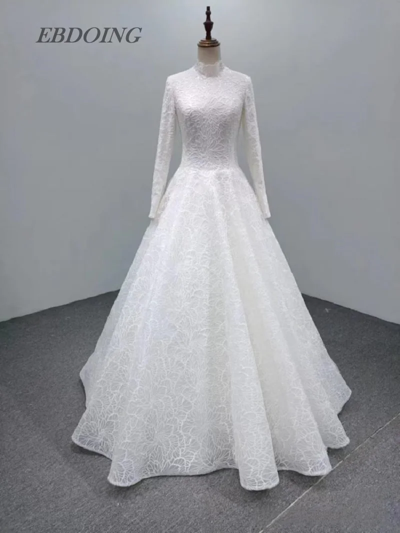 

EBDOING свадебное платье трапециевидной формы с кружевом и высоким воротом и длинными рукавами, индивидуальное платье невесты Vestidos De Novias