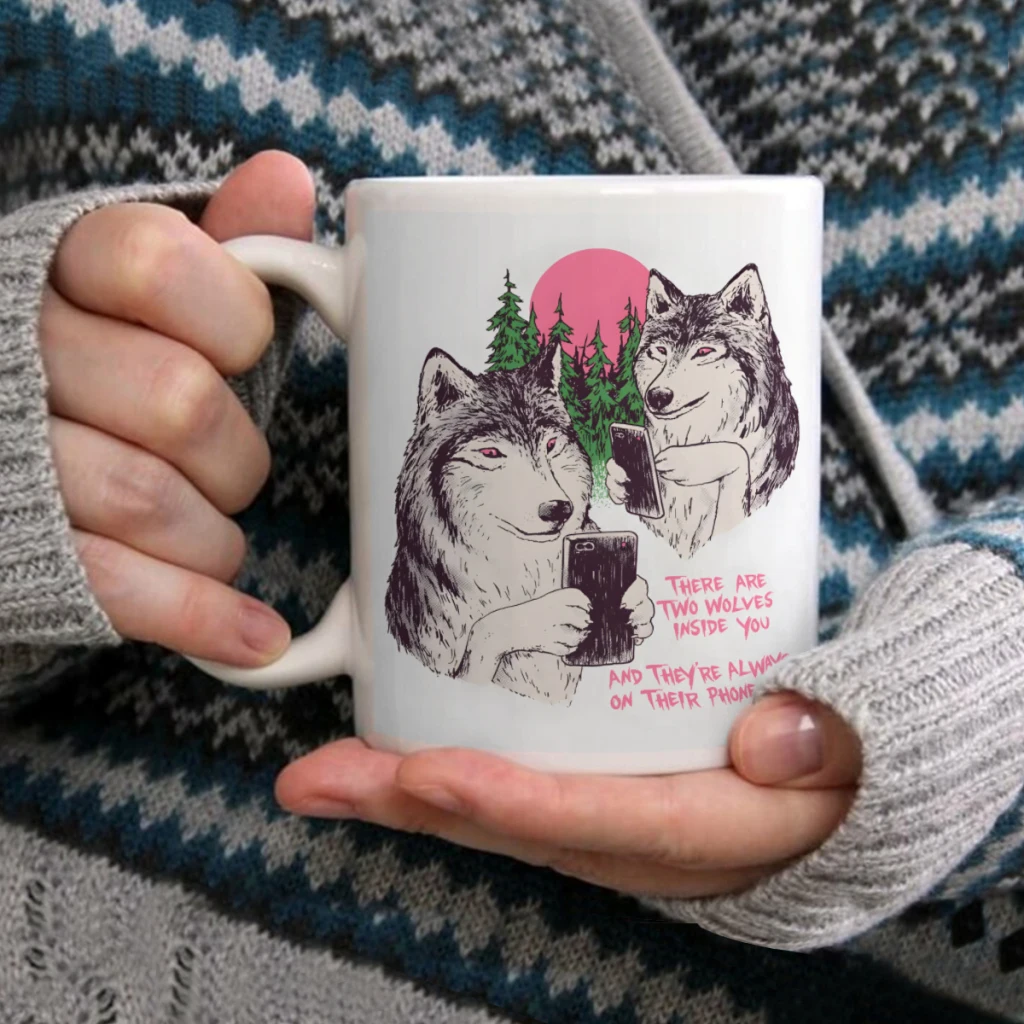 

Two Wolves On Their PhonesCoffee Mug Tea Cup 11oz Coffee Cup Funny Birthday Ceramic Mug Personalized Cup