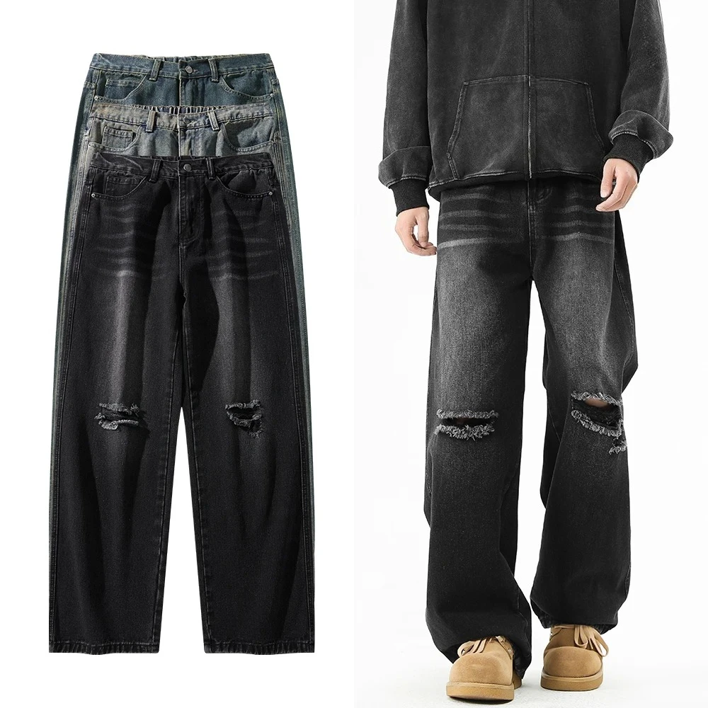 

Men's Wear Hole Jeans 2025 Autumn Straight Wide Leg Denim Pants Casual Loose Contrast Color Trousers Male Jean Bottoms Clothing