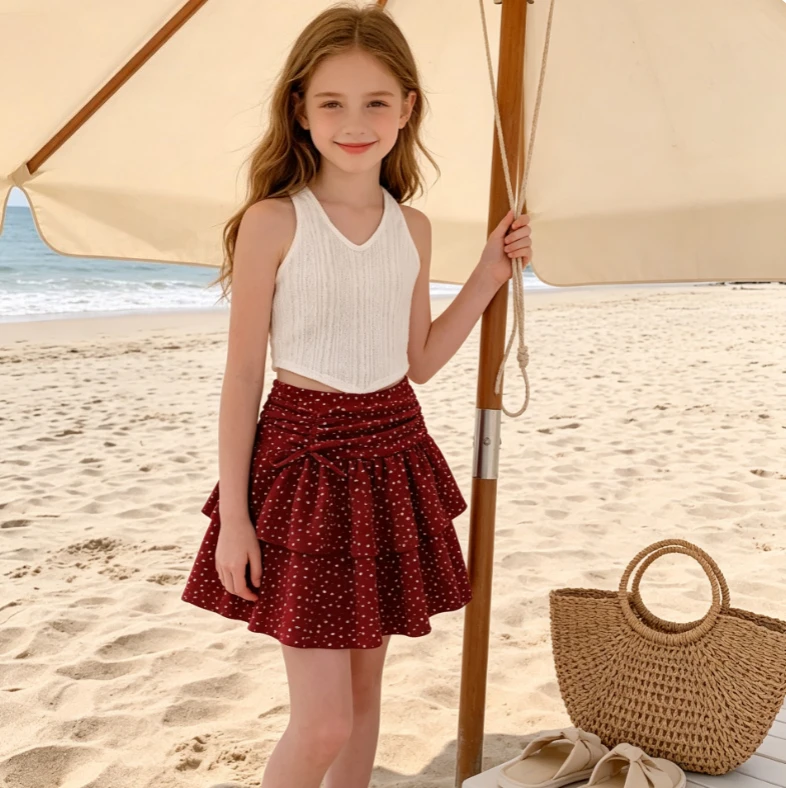 Girls set 2026 spring/summer new childrens wear baby girl solid color hanging neck backless top pleated skirt two-piece set