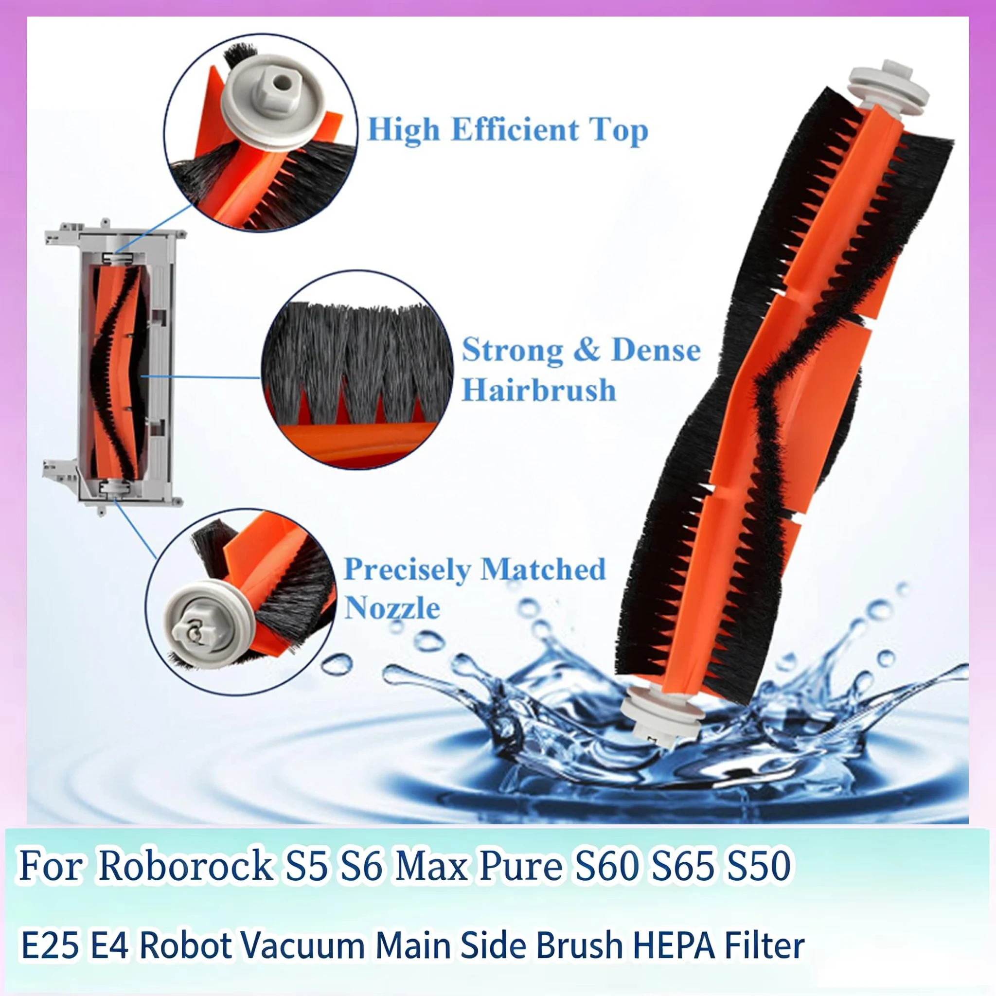 Suitable for Roborock S5 S6 Max Pure S60 S65 S50 E25 E4 Robot Vacuum, Main Side Brush HEPA Filter Mop Spare Parts Kit