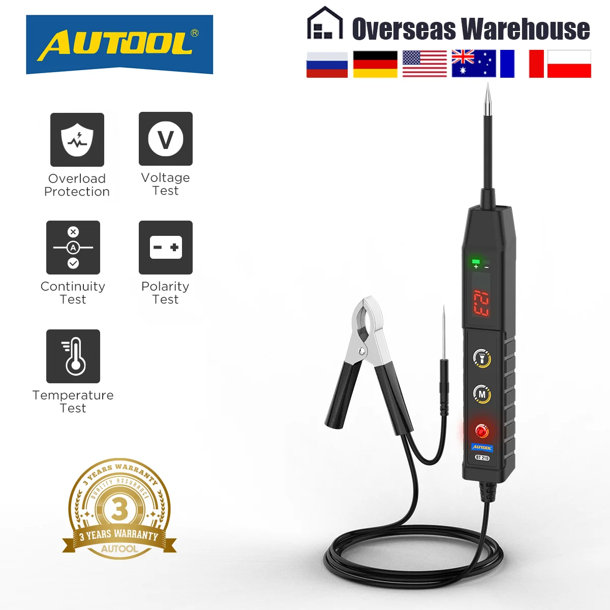 

Автомобильный тестер цепей AUTOOL, датчик мощности, автомобильный диагностический инструмент BT210, встроенный сканер электрического напряжения для автомобиля/тяжелого грузовика 9-30 В