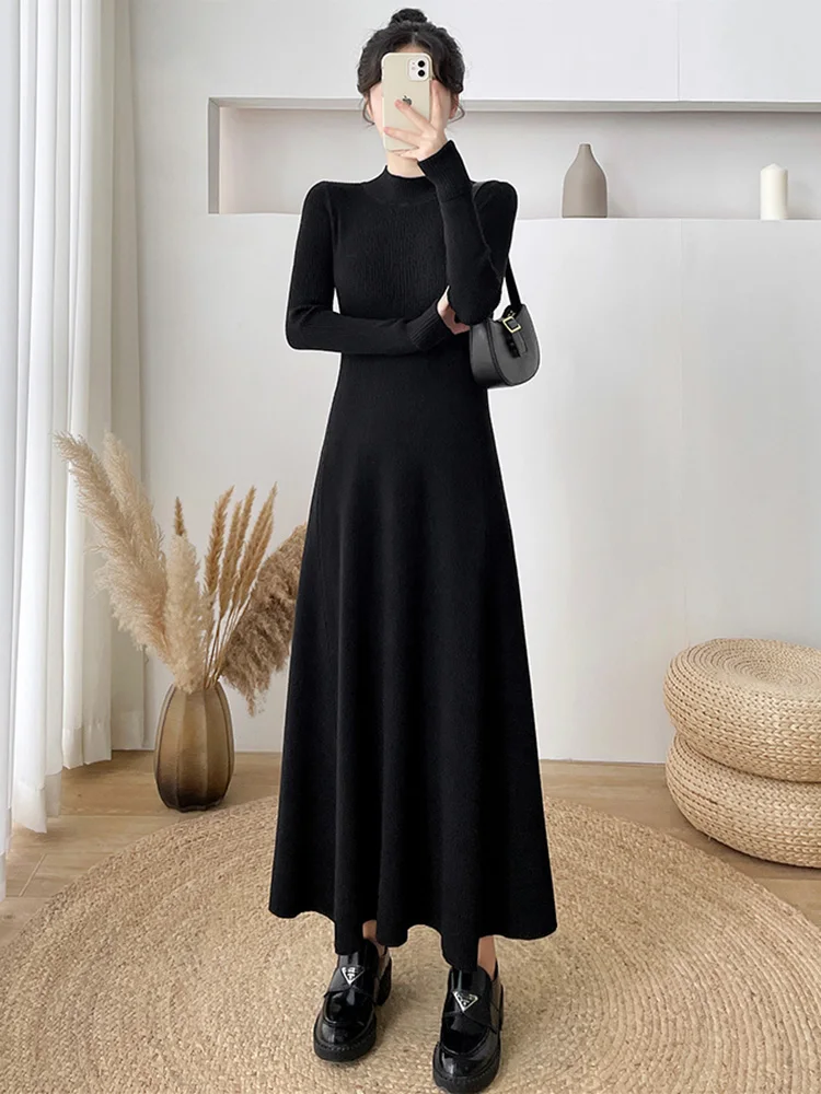 Gaun Sweater Panjang Wanita Baru yang Elegan Musim gugur Musim dingin Busana Hangat Setengah Kerah Tinggi Kerah Panjang Ramping Gaun Rajutan Ramping Gaun Aprikot