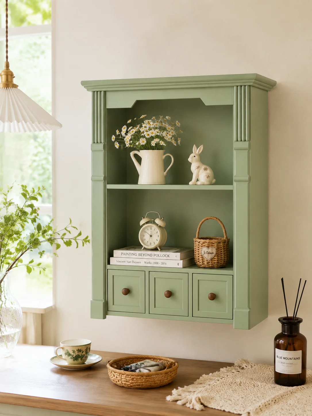 Vintage French Wall Cabinet Mint Green Hanging Storage Shelf with 3 Drawers Rustic Farmhouse Display