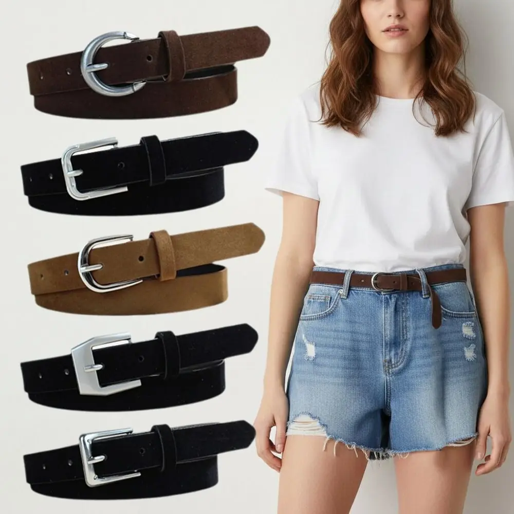 Luxury Design Suede Leather Belt Versatile Pin Buckle Women Waist Belt Retro Vintage Frosted Thin Waistband Jeans Decoration