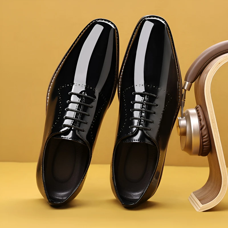 

Shiny Black Patent Leather Dress Shoes Lace Up Square Toe Formal Business Office Shoes Men's Luxury Breathable Oxford Shoes