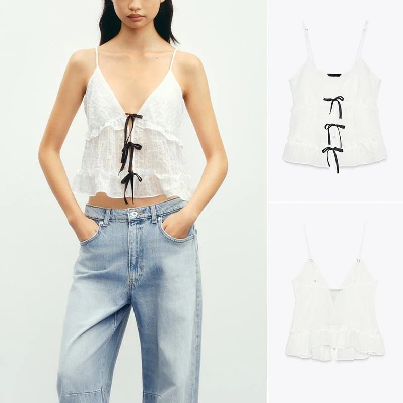 Summer New Women's Ins Sle Layered Decoration Cute Color Blo  Knot Decorated Strap Top Commute Sle ort Lengt...