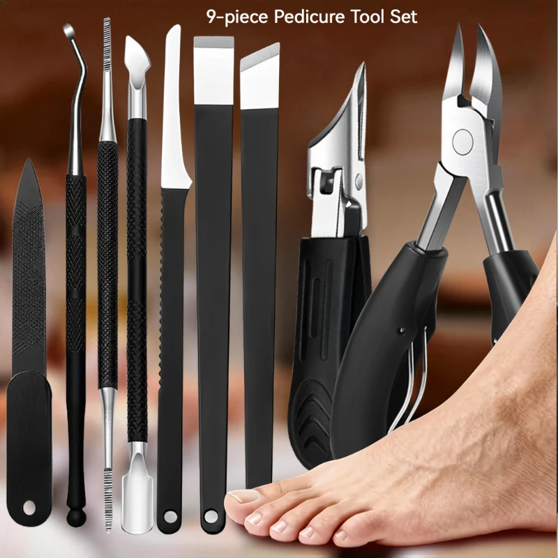 9pcs Professional Stainless Steel Pedicure Set for Home Foot Care Thick Ingrown Nails. Includes Foot Scraper File Cuticle Nipper