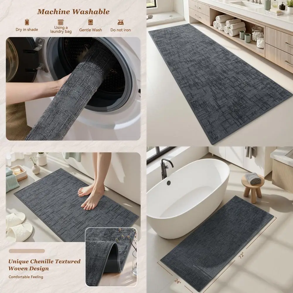 

Durable Non-Slip Absorbent Drying Bath Mat, 2x6 ft, Dark Grey, Modern Jacquard Design