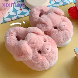 Pink Stout Piggy Slippers Women Chunky Animal Slides Woman Flat Furry Cotton Shoes 2024 New Warm Girls Home Slipper