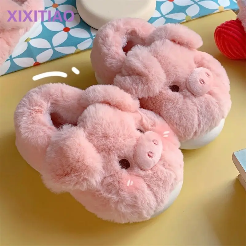 Pink Stout Piggy Slippers Women Chunky Animal Slides Woman Flat Furry Cotton Shoes 2024 New Warm Girls Home Slipper