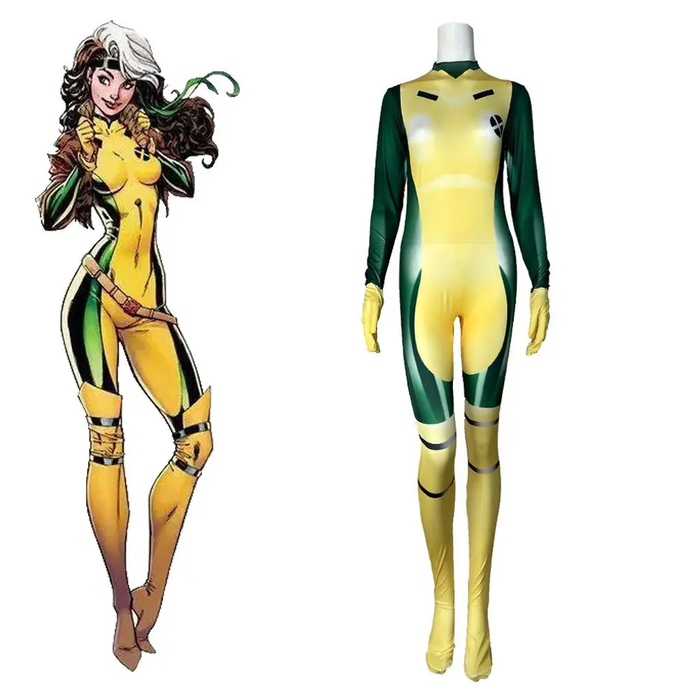 X-Men Rogue Jumpsuit Cosplay-Kostüm, 3D-Langarm-Bodysuit, Halloween-Maskerade-Party-Kostüm für Erwachsene