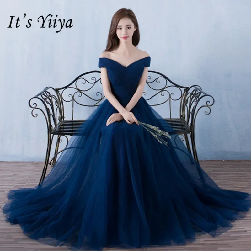 It's Yiiya-Robe de Soirée en Tulle Bleu Marine pour Femme, Tenue Trapèze, Longueur au Sol, Personnalisée, Grande Taille, DSYA003