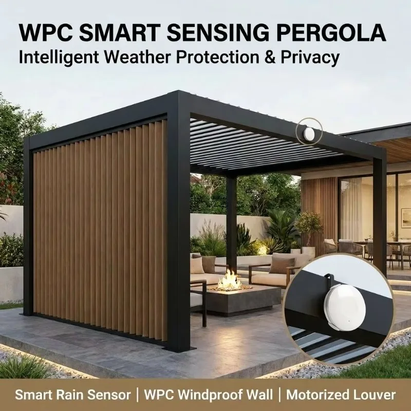 Modern Motorized Louvered Pergola With Smart Rain Sensor And Solid WPC Windproof Wall For Residential Resort Patio Garden Gazebo