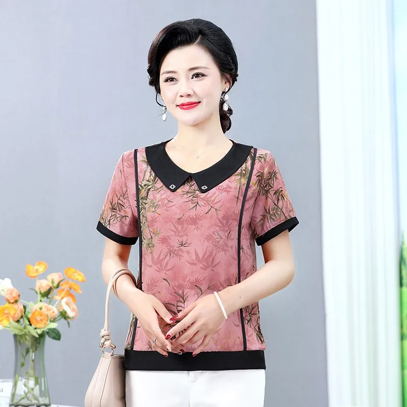 Elegant Casual Sweet Peter Pan Collar Blouse Fashio Summer Printed Female Clothing Short Sleeve Folk Spliced Shirt