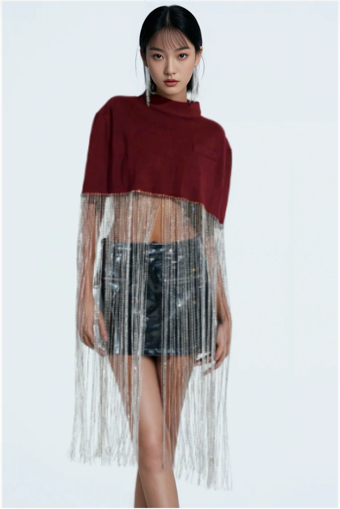 

2026 Tassel Pullover Shirts Women New Half High Collar Solid Color Shining Shirt Top Elegant Casual T-shirt For Trend Blouses