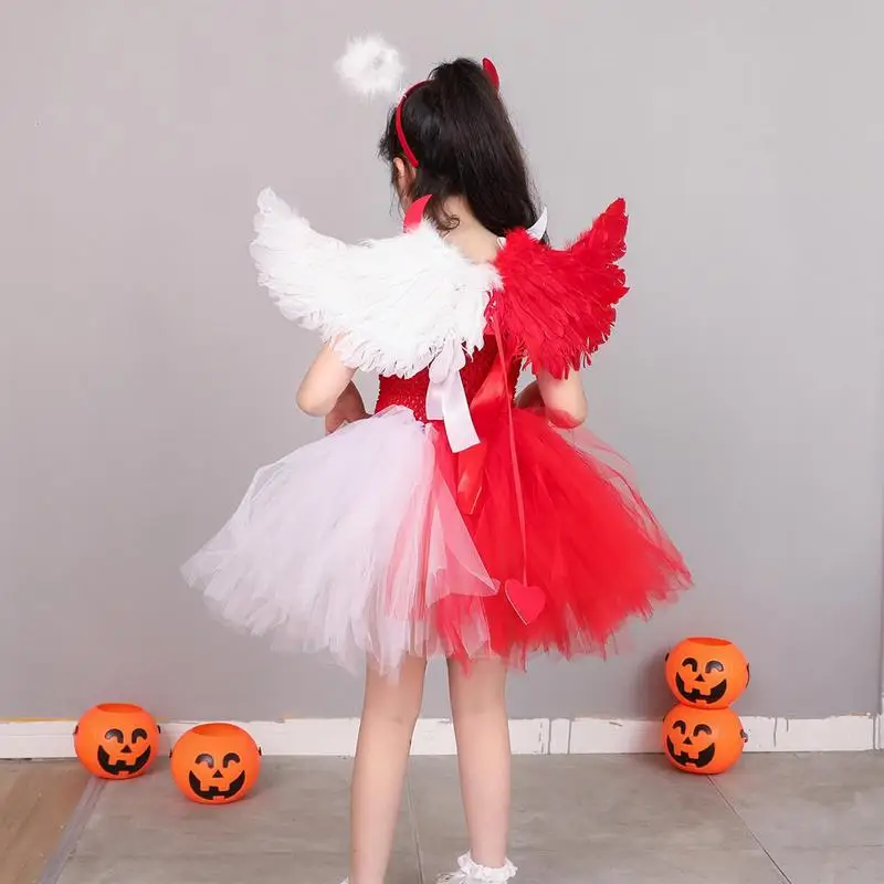 Angel Devil Cosplay Costume Red White Tween Halloween Dress Costume Angel and Devil Costume Accessory with Tulle Wing Headband