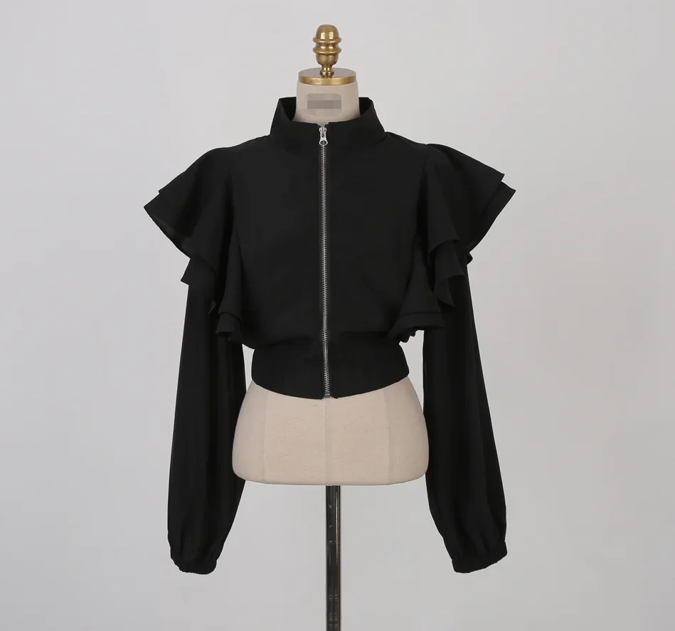 Women Clothing Stand Neck Korean Coat Long Sleeve Slim Waist Crop Tops 2023 Ropa Mujer Ruffles Chic Temperament Loose Jackets
